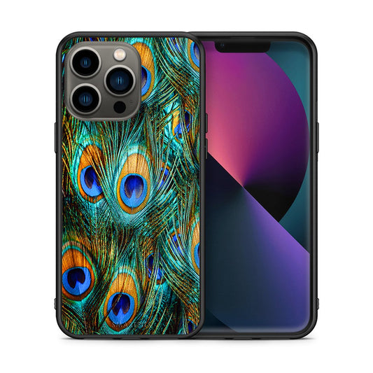 Θήκη iPhone 13 Pro Real Peacock Feathers από τη Smartfits με σχέδιο στο πίσω μέρος και μαύρο περίβλημα | iPhone 13 Pro Real Peacock Feathers case with colorful back and black bezels