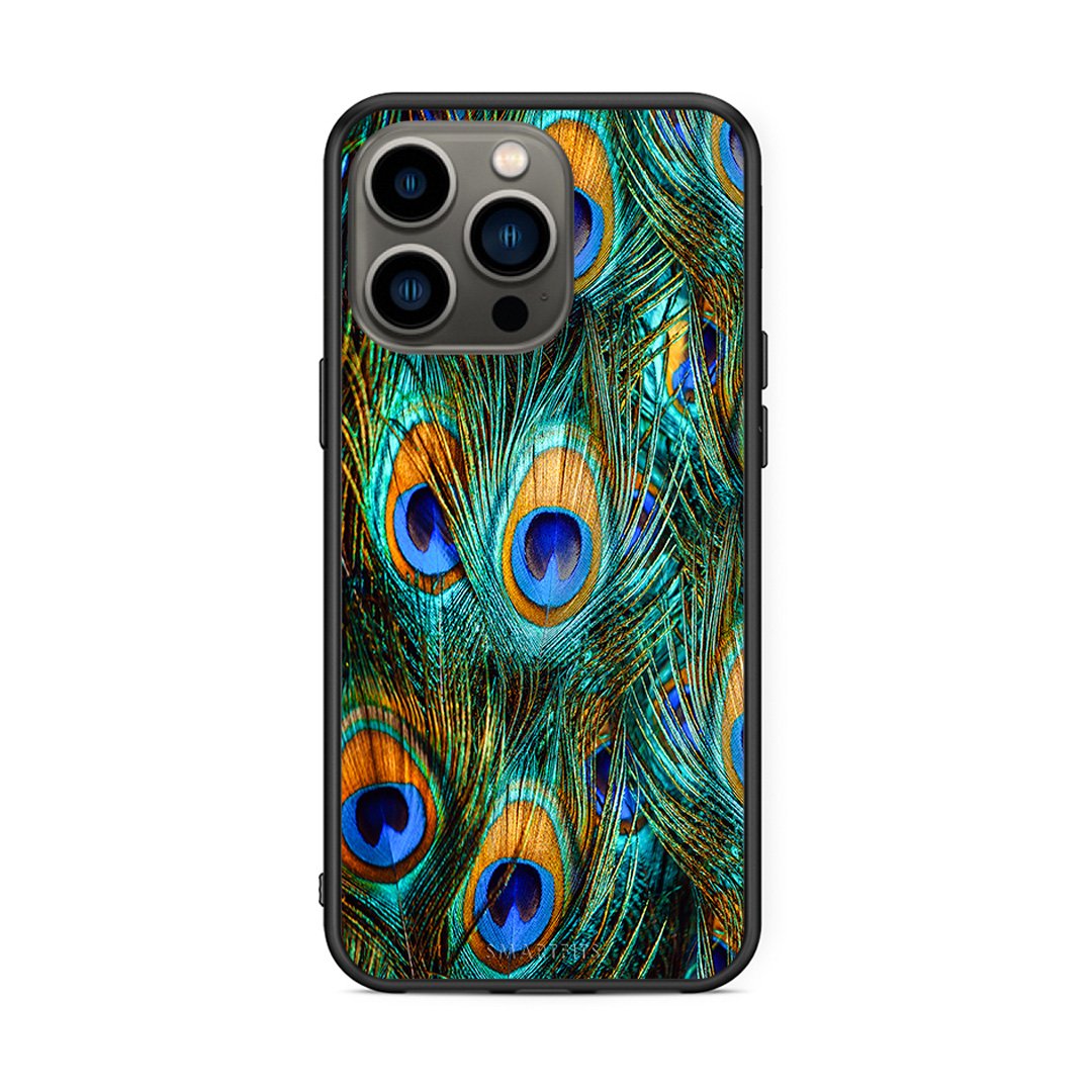 iPhone 13 Pro Real Peacock Feathers θήκη από τη Smartfits με σχέδιο στο πίσω μέρος και μαύρο περίβλημα | Smartphone case with colorful back and black bezels by Smartfits