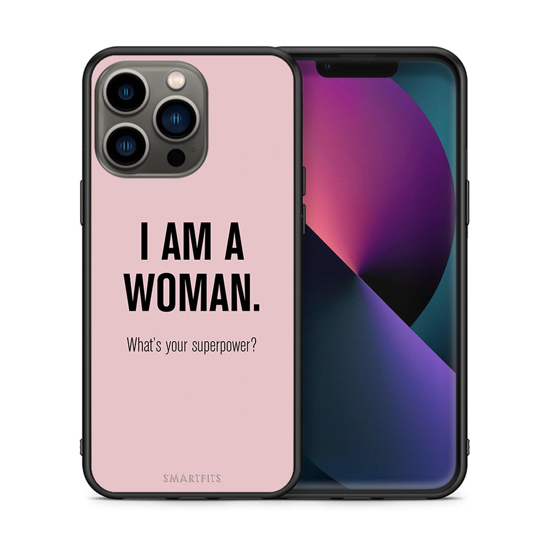 Θήκη iPhone 13 Pro Superpower Woman από τη Smartfits με σχέδιο στο πίσω μέρος και μαύρο περίβλημα | iPhone 13 Pro Superpower Woman case with colorful back and black bezels