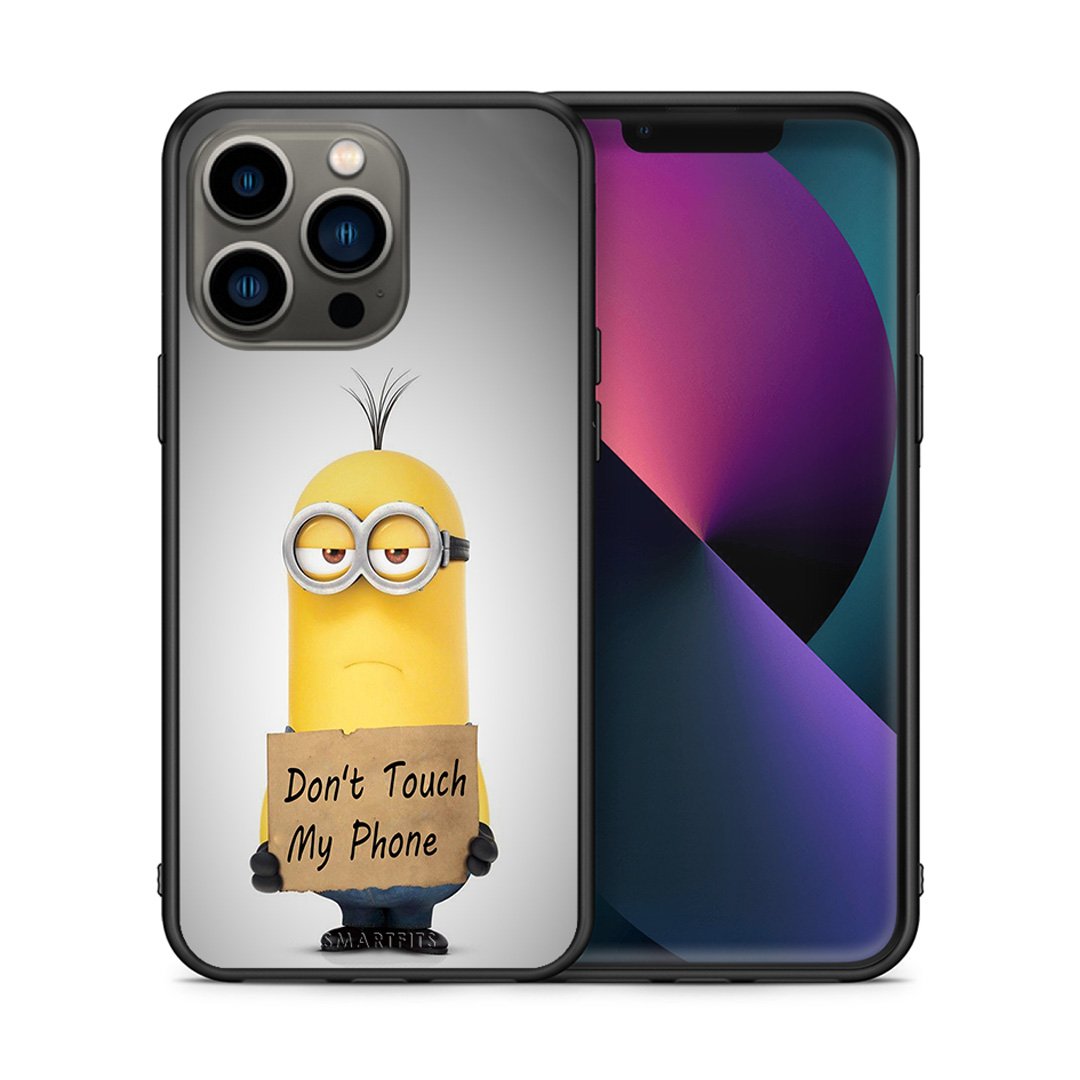 Θήκη iPhone 13 Pro Minion Text από τη Smartfits με σχέδιο στο πίσω μέρος και μαύρο περίβλημα | iPhone 13 Pro Minion Text case with colorful back and black bezels