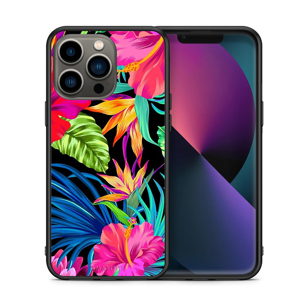 Θήκη iPhone 13 Pro Tropical Flowers από τη Smartfits με σχέδιο στο πίσω μέρος και μαύρο περίβλημα | iPhone 13 Pro Tropical Flowers case with colorful back and black bezels