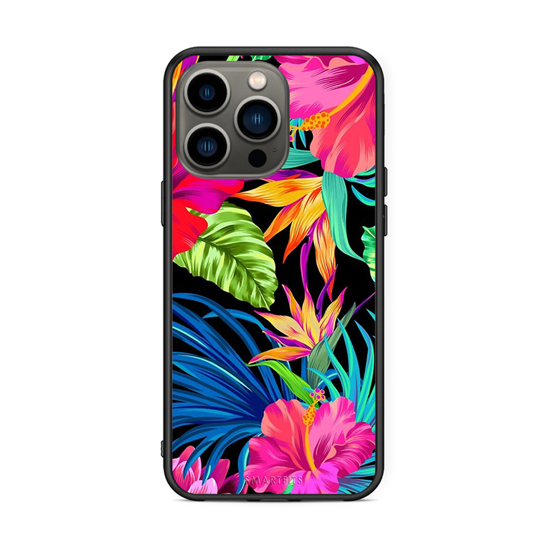 iPhone 13 Pro Tropical Flowers θήκη από τη Smartfits με σχέδιο στο πίσω μέρος και μαύρο περίβλημα | Smartphone case with colorful back and black bezels by Smartfits