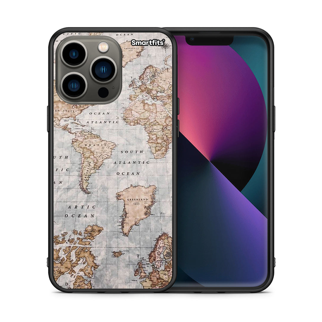 Θήκη iPhone 13 Pro World Map από τη Smartfits με σχέδιο στο πίσω μέρος και μαύρο περίβλημα | iPhone 13 Pro World Map case with colorful back and black bezels