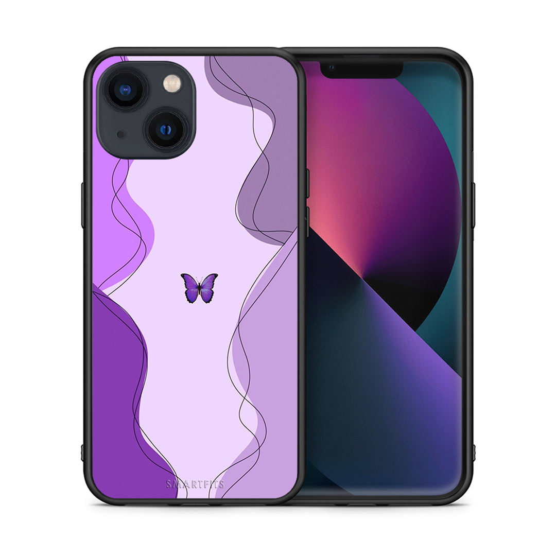 Θήκη Αγίου Βαλεντίνου iPhone 13 Purple Mariposa από τη Smartfits με σχέδιο στο πίσω μέρος και μαύρο περίβλημα | iPhone 13 Purple Mariposa case with colorful back and black bezels