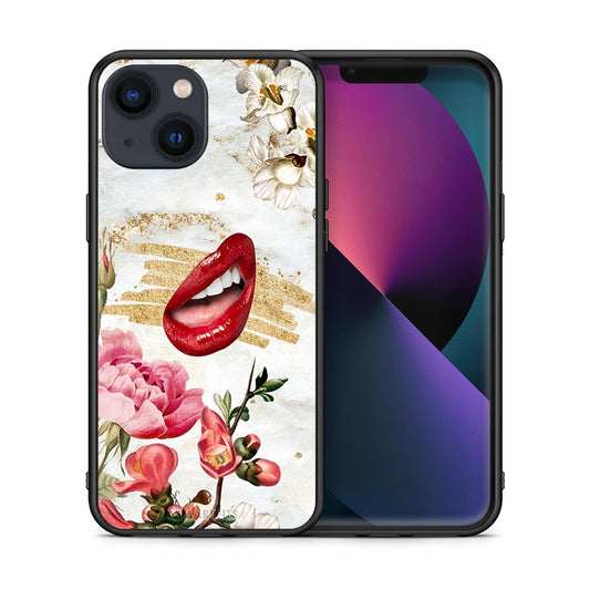 Θήκη iPhone 13 Mini Red Lips από τη Smartfits με σχέδιο στο πίσω μέρος και μαύρο περίβλημα | iPhone 13 Mini Red Lips case with colorful back and black bezels