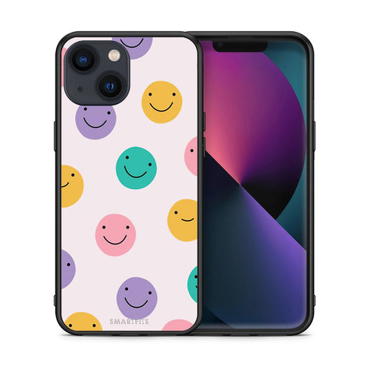 Θήκη iPhone 13 Smiley Faces από τη Smartfits με σχέδιο στο πίσω μέρος και μαύρο περίβλημα | iPhone 13 Smiley Faces case with colorful back and black bezels