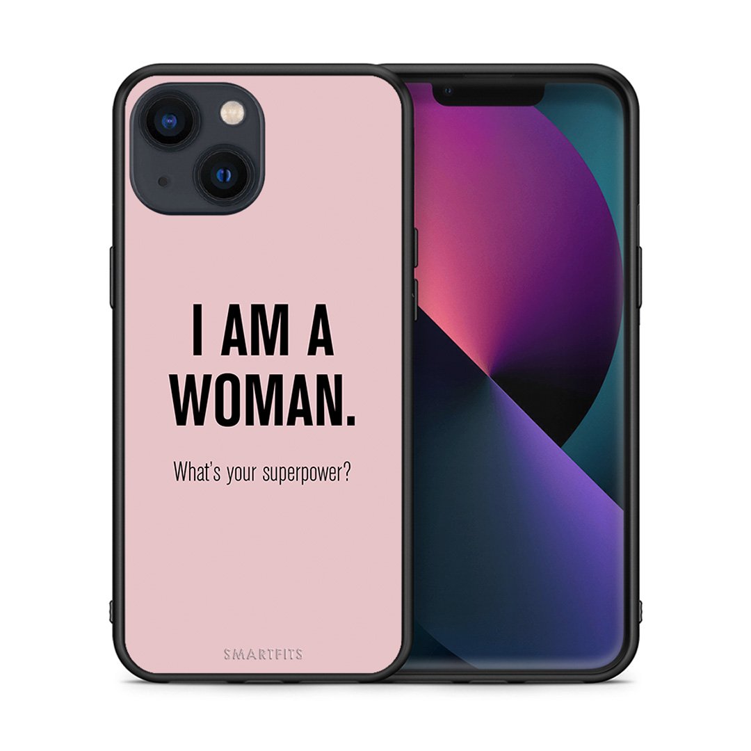 Θήκη iPhone 13 Mini Superpower Woman από τη Smartfits με σχέδιο στο πίσω μέρος και μαύρο περίβλημα | iPhone 13 Mini Superpower Woman case with colorful back and black bezels