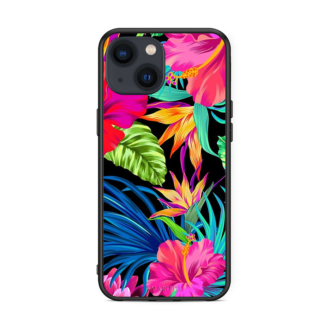 iPhone 13 Tropical Flowers θήκη από τη Smartfits με σχέδιο στο πίσω μέρος και μαύρο περίβλημα | Smartphone case with colorful back and black bezels by Smartfits