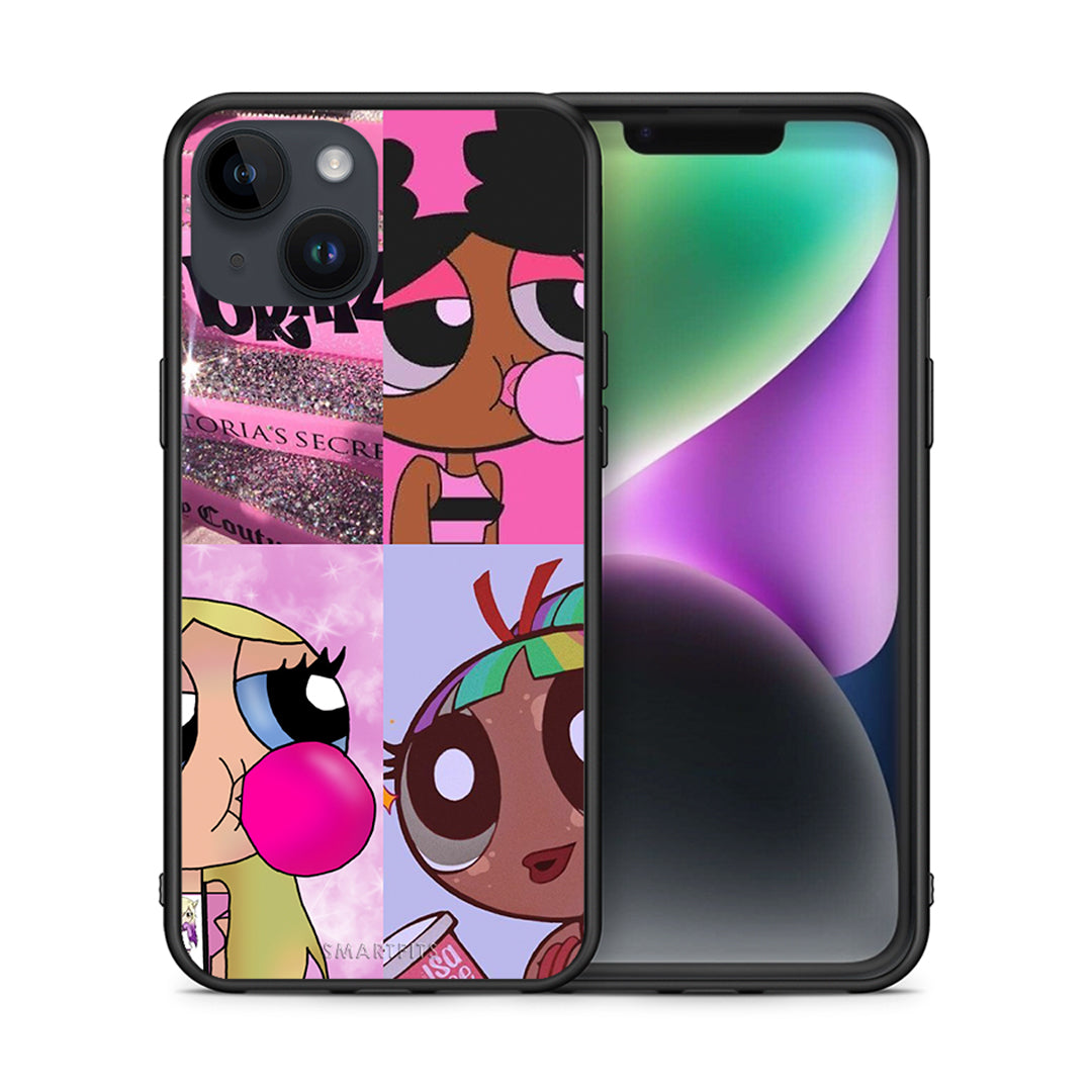 Θήκη Αγίου Βαλεντίνου iPhone 14 Bubble Girls από τη Smartfits με σχέδιο στο πίσω μέρος και μαύρο περίβλημα | iPhone 14 Bubble Girls case with colorful back and black bezels