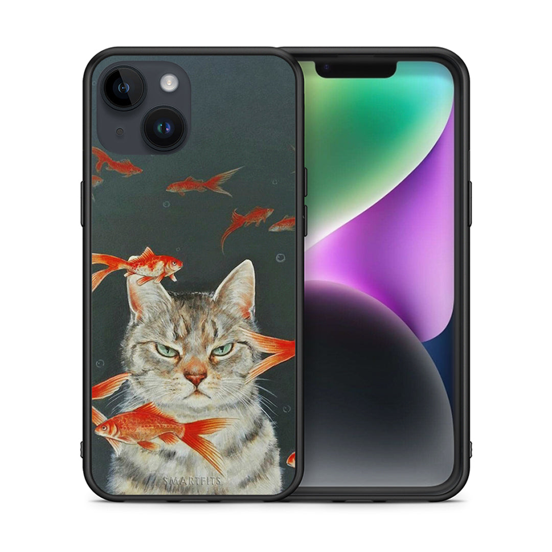 Θήκη iPhone 14 Cat Goldfish από τη Smartfits με σχέδιο στο πίσω μέρος και μαύρο περίβλημα | iPhone 14 Cat Goldfish case with colorful back and black bezels