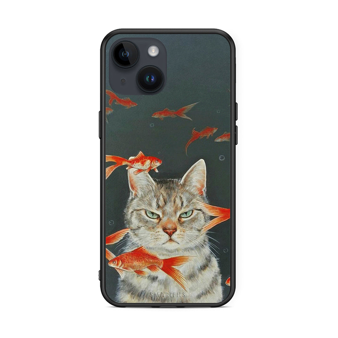 iPhone 15 Cat Goldfish θήκη από τη Smartfits με σχέδιο στο πίσω μέρος και μαύρο περίβλημα | Smartphone case with colorful back and black bezels by Smartfits