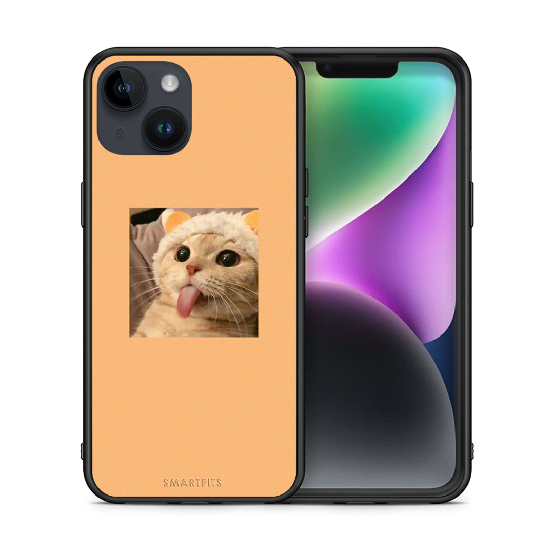 Θήκη iPhone 14 Cat Tongue από τη Smartfits με σχέδιο στο πίσω μέρος και μαύρο περίβλημα | iPhone 14 Cat Tongue case with colorful back and black bezels