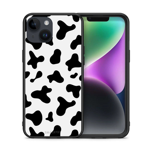 Θήκη iPhone 15 Cow Print από τη Smartfits με σχέδιο στο πίσω μέρος και μαύρο περίβλημα | iPhone 15 Cow Print case with colorful back and black bezels