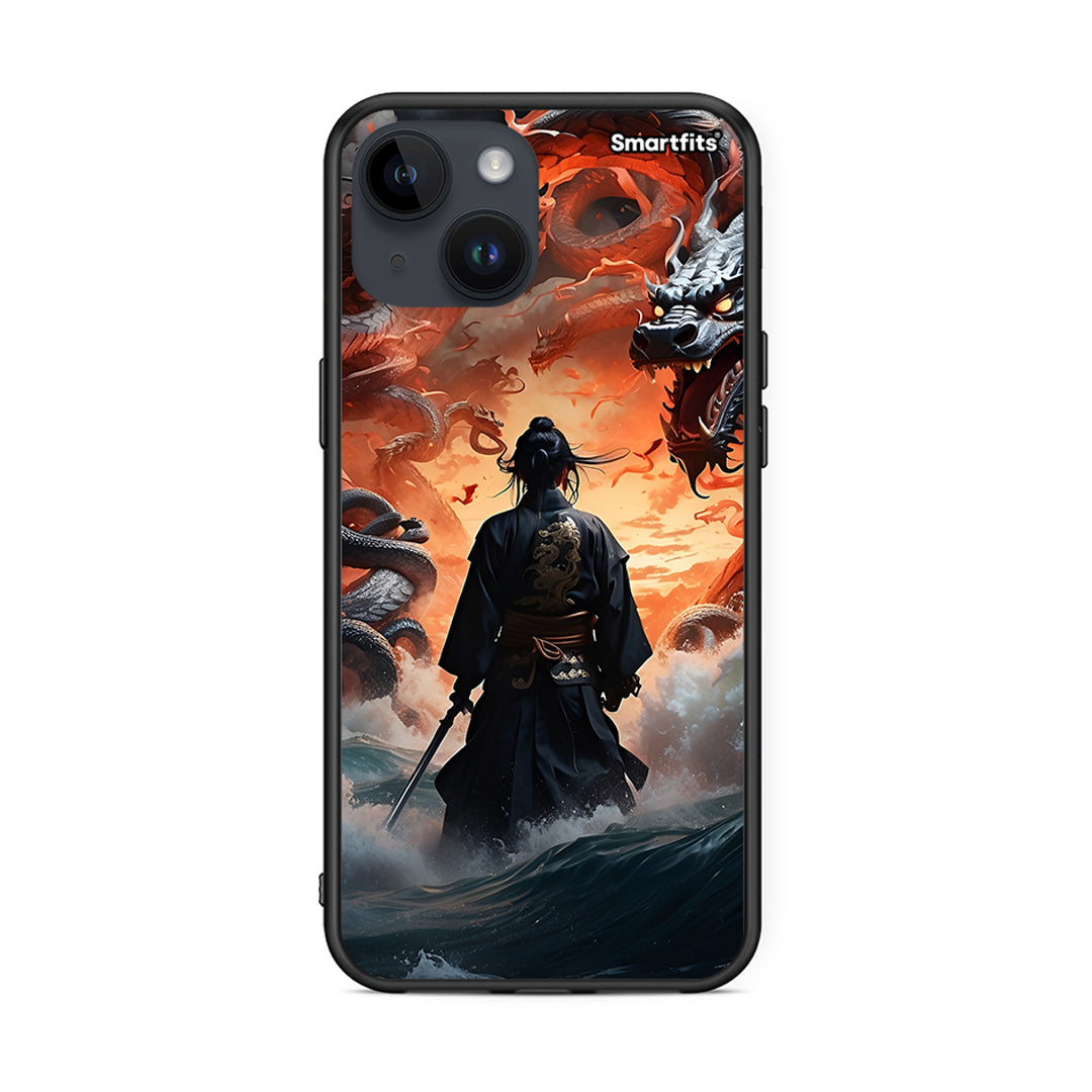 iPhone 14 Dragons Fight θήκη από τη Smartfits με σχέδιο στο πίσω μέρος και μαύρο περίβλημα | Smartphone case with colorful back and black bezels by Smartfits