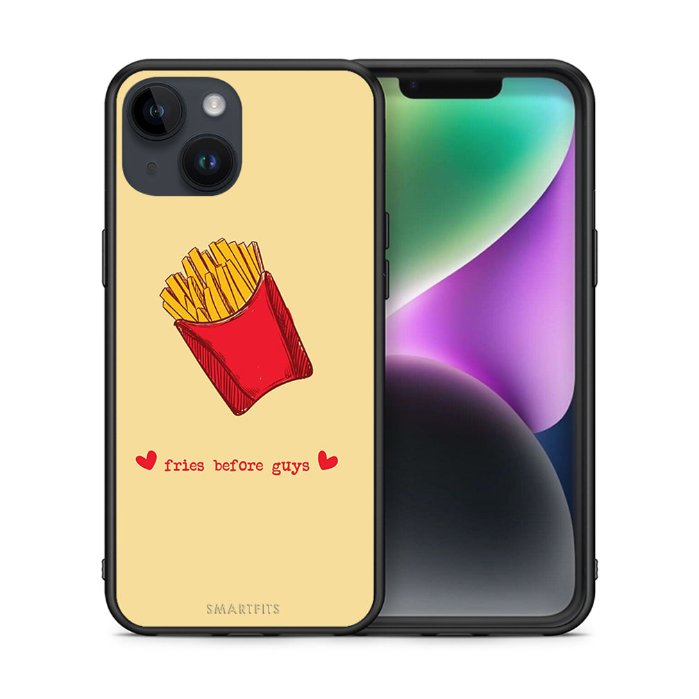 Θήκη Αγίου Βαλεντίνου iPhone 15 Fries Before Guys από τη Smartfits με σχέδιο στο πίσω μέρος και μαύρο περίβλημα | iPhone 15 Fries Before Guys case with colorful back and black bezels