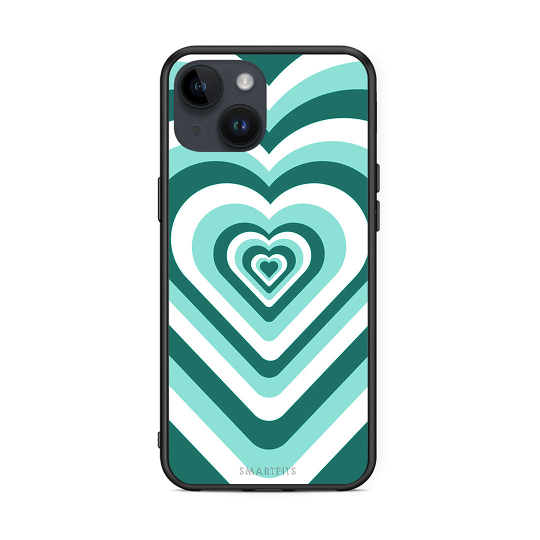 iPhone 15 Green Hearts θήκη από τη Smartfits με σχέδιο στο πίσω μέρος και μαύρο περίβλημα | Smartphone case with colorful back and black bezels by Smartfits