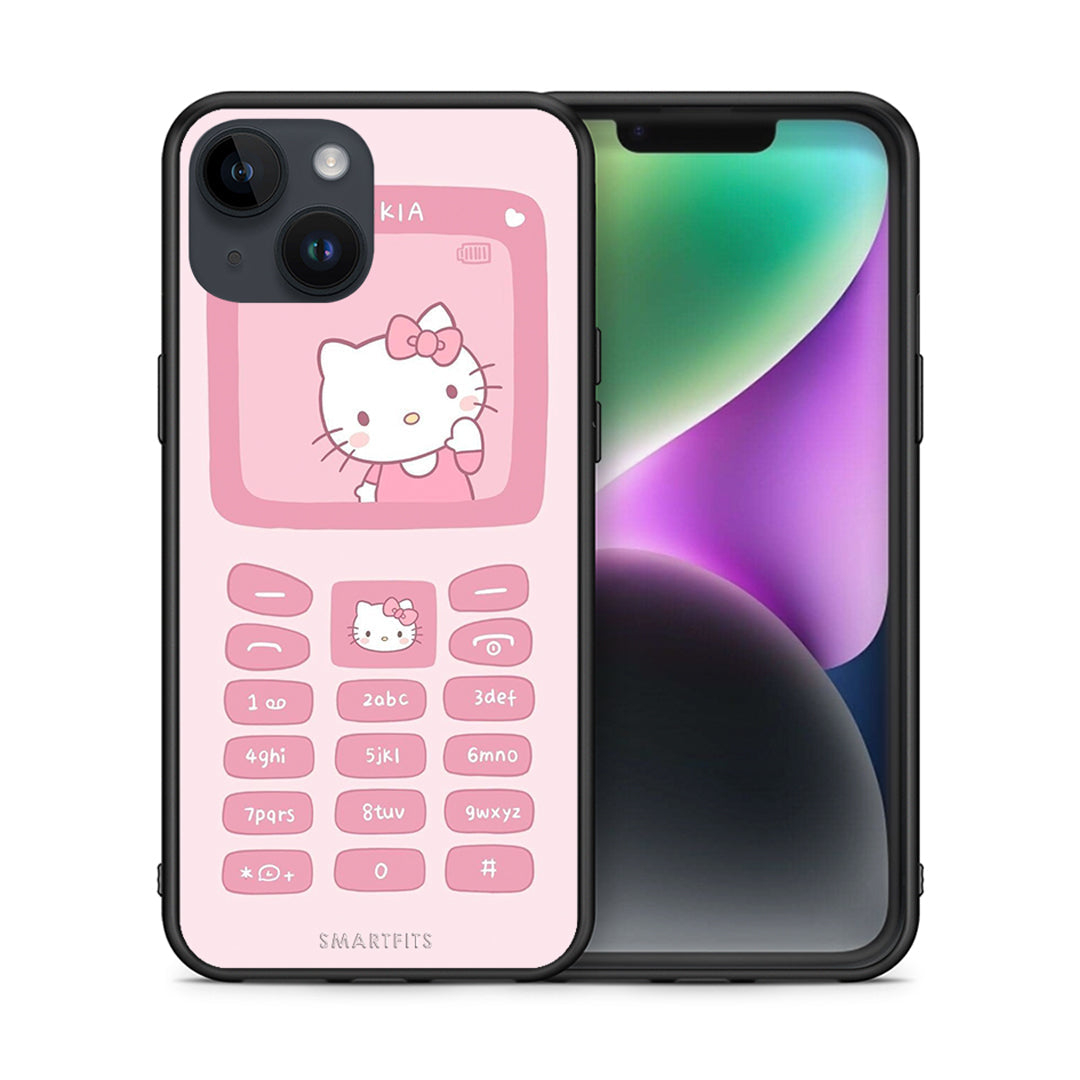 Θήκη Αγίου Βαλεντίνου iPhone 15 Hello Kitten από τη Smartfits με σχέδιο στο πίσω μέρος και μαύρο περίβλημα | iPhone 15 Hello Kitten case with colorful back and black bezels