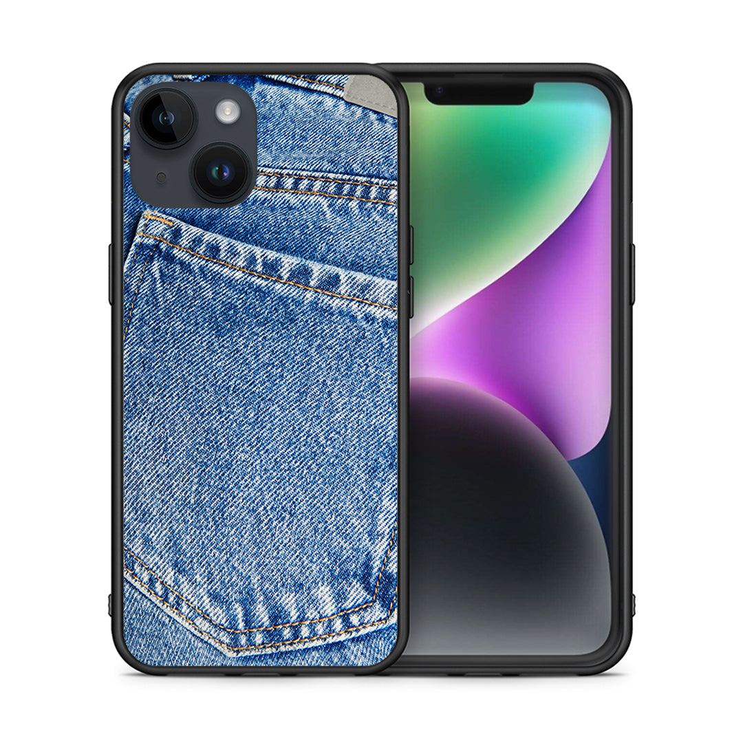 Θήκη iPhone 15 Jeans Pocket από τη Smartfits με σχέδιο στο πίσω μέρος και μαύρο περίβλημα | iPhone 15 Jeans Pocket case with colorful back and black bezels