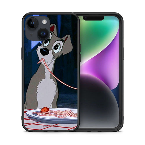 Θήκη Αγίου Βαλεντίνου iPhone 15 Lady And Tramp 1 από τη Smartfits με σχέδιο στο πίσω μέρος και μαύρο περίβλημα | iPhone 15 Lady And Tramp 1 case with colorful back and black bezels