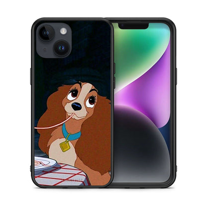 Θήκη Αγίου Βαλεντίνου iPhone 15 Lady And Tramp 2 από τη Smartfits με σχέδιο στο πίσω μέρος και μαύρο περίβλημα | iPhone 15 Lady And Tramp 2 case with colorful back and black bezels