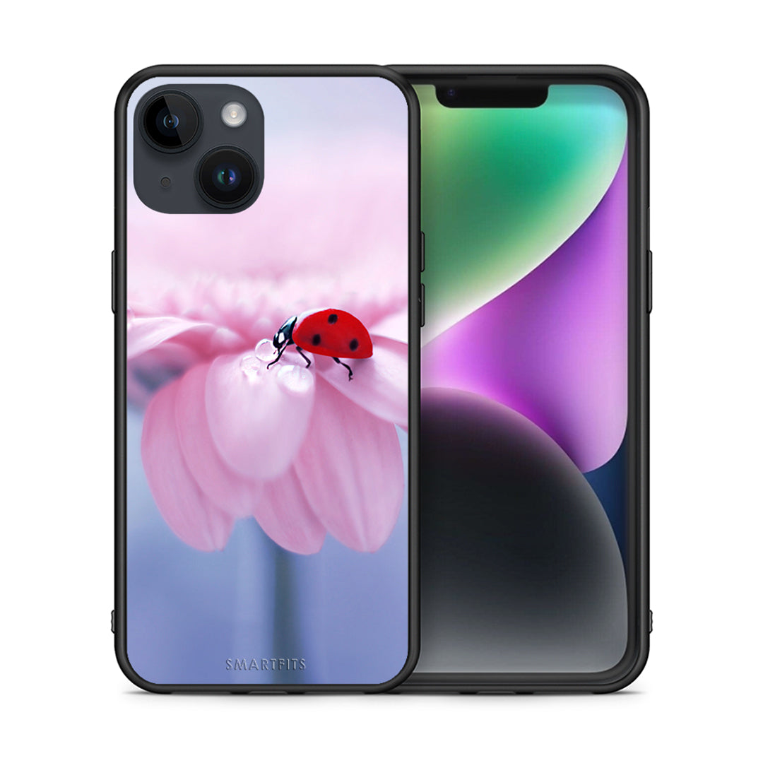 Θήκη iPhone 14 Ladybug Flower από τη Smartfits με σχέδιο στο πίσω μέρος και μαύρο περίβλημα | iPhone 14 Ladybug Flower case with colorful back and black bezels