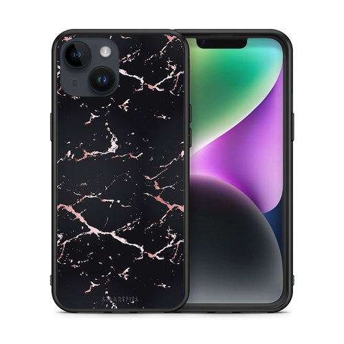 Θήκη iPhone 14 Black Rosegold Marble από τη Smartfits με σχέδιο στο πίσω μέρος και μαύρο περίβλημα | iPhone 14 Black Rosegold Marble case with colorful back and black bezels