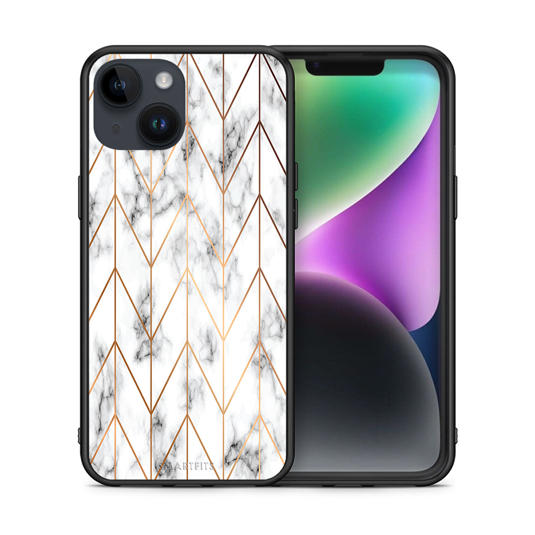 Θήκη iPhone 15 Gold Geometric Marble από τη Smartfits με σχέδιο στο πίσω μέρος και μαύρο περίβλημα | iPhone 15 Gold Geometric Marble case with colorful back and black bezels