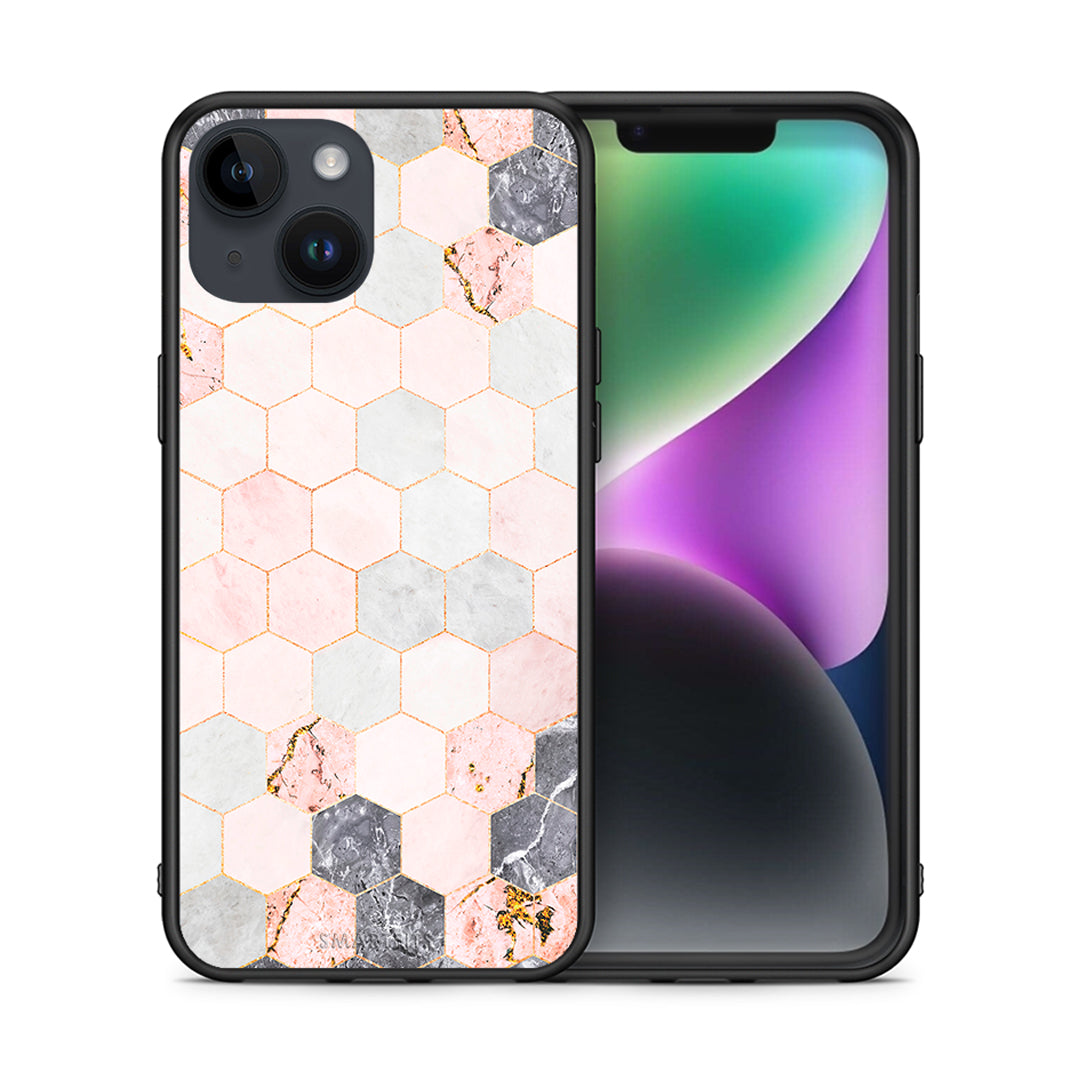 Θήκη iPhone 15 Hexagon Pink Marble από τη Smartfits με σχέδιο στο πίσω μέρος και μαύρο περίβλημα | iPhone 15 Hexagon Pink Marble case with colorful back and black bezels