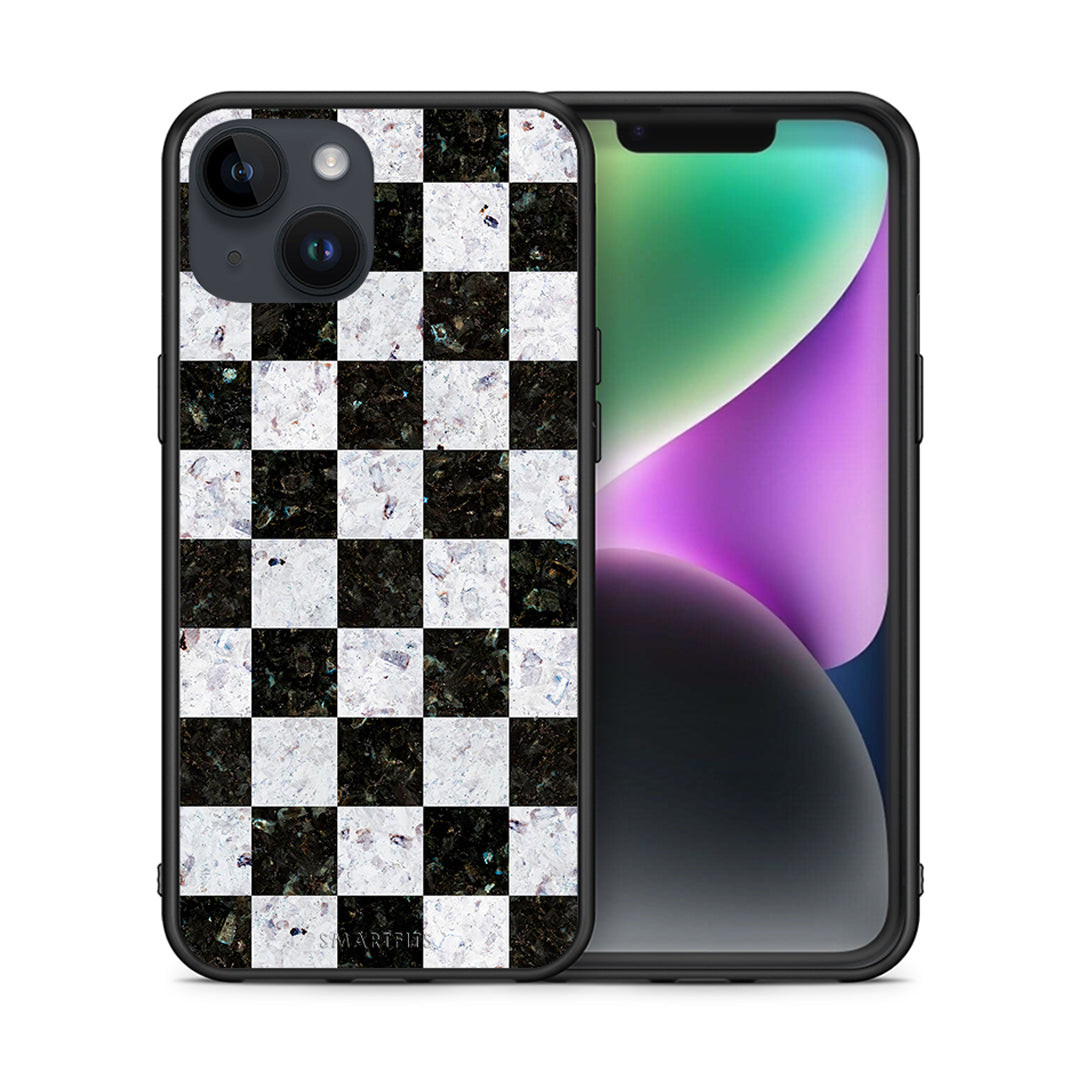 Θήκη iPhone 15 Square Geometric Marble από τη Smartfits με σχέδιο στο πίσω μέρος και μαύρο περίβλημα | iPhone 15 Square Geometric Marble case with colorful back and black bezels