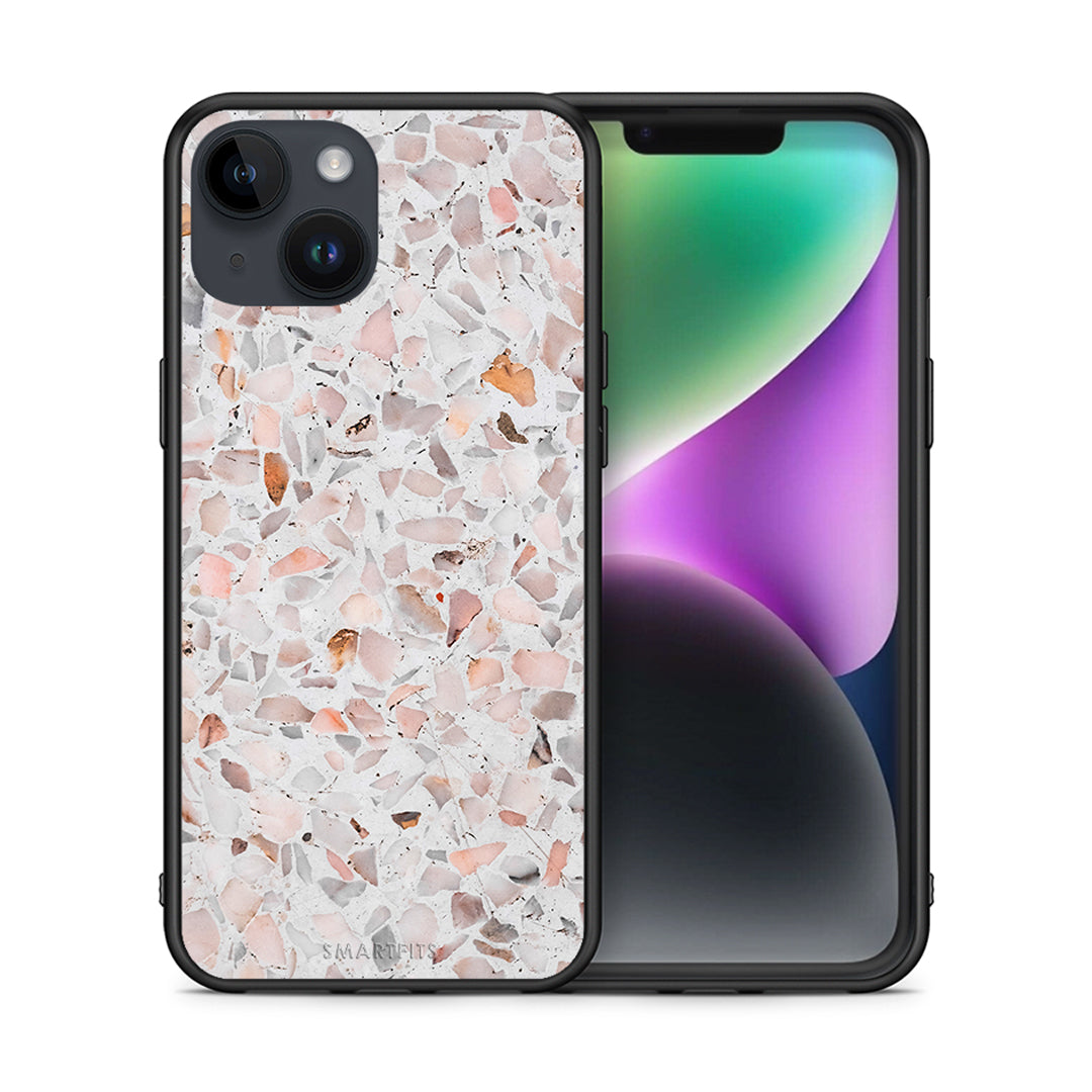 Θήκη iPhone 15 Marble Terrazzo από τη Smartfits με σχέδιο στο πίσω μέρος και μαύρο περίβλημα | iPhone 15 Marble Terrazzo case with colorful back and black bezels