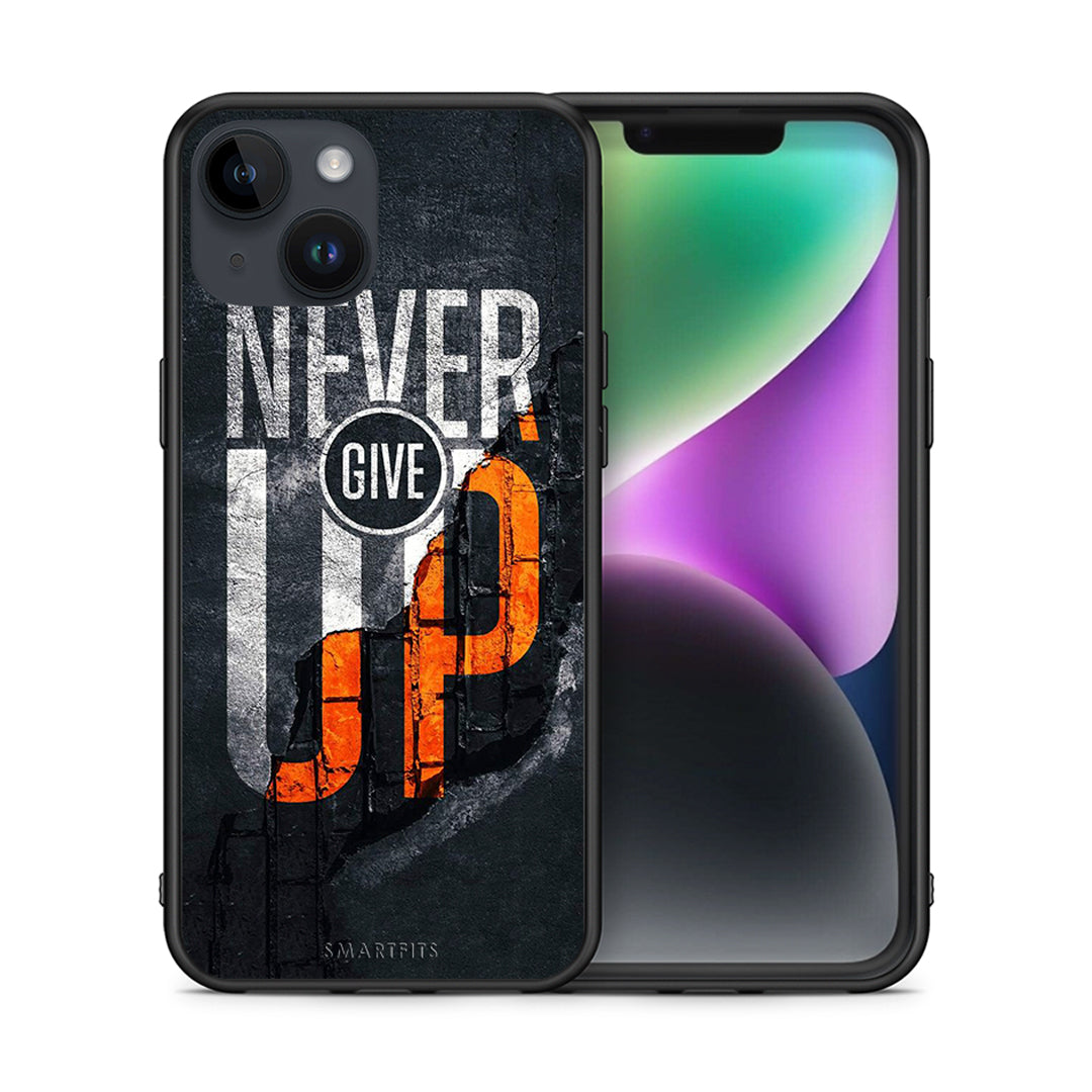 Θήκη Αγίου Βαλεντίνου iPhone 15 Never Give Up από τη Smartfits με σχέδιο στο πίσω μέρος και μαύρο περίβλημα | iPhone 15 Never Give Up case with colorful back and black bezels