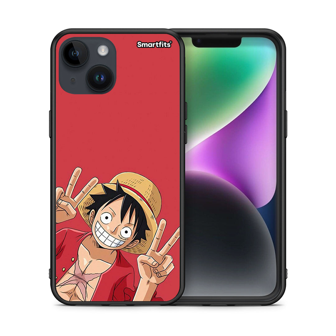 Θήκη iPhone 15 Pirate Luffy από τη Smartfits με σχέδιο στο πίσω μέρος και μαύρο περίβλημα | iPhone 15 Pirate Luffy case with colorful back and black bezels