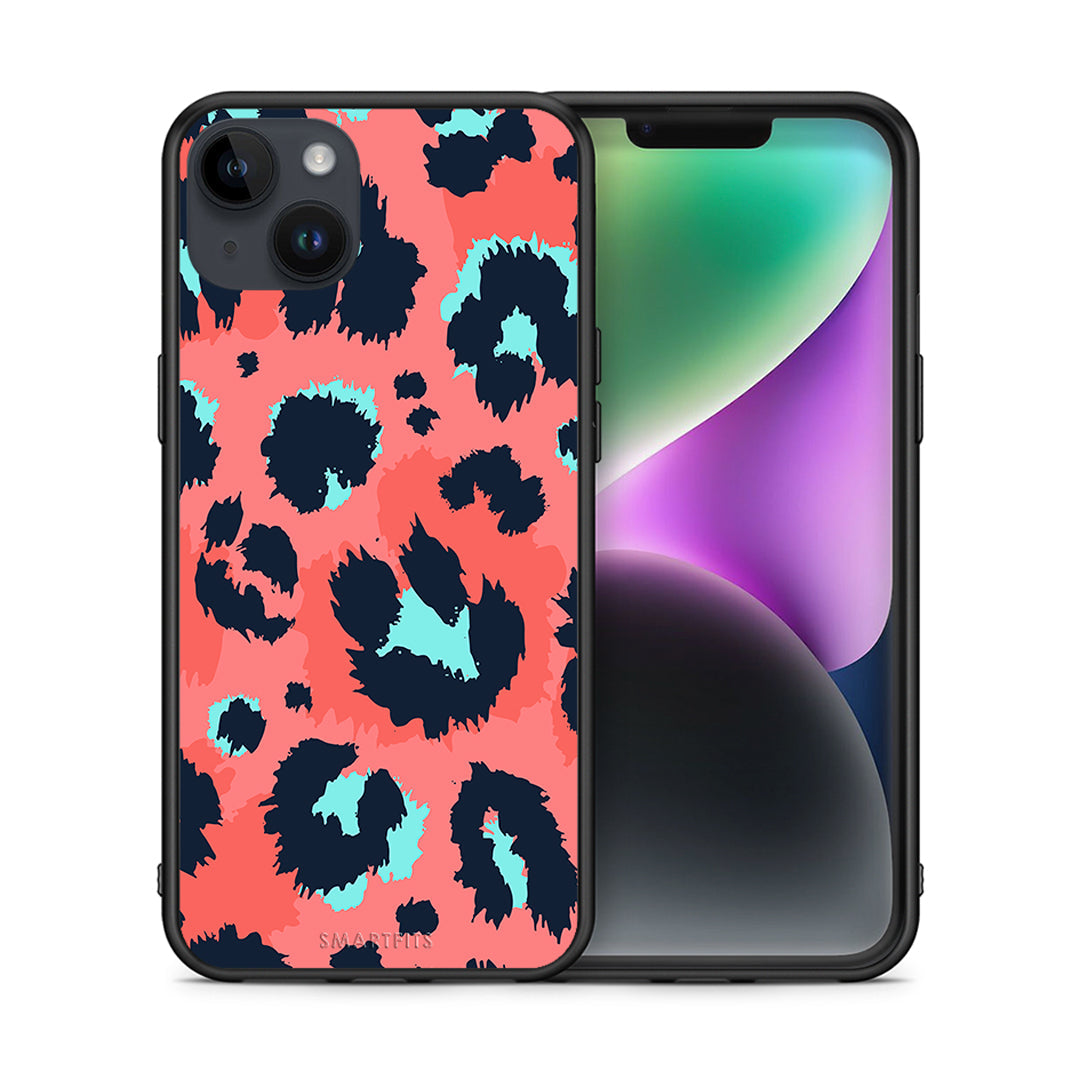 Θήκη iPhone 14 Plus Pink Leopard Animal από τη Smartfits με σχέδιο στο πίσω μέρος και μαύρο περίβλημα | iPhone 14 Plus Pink Leopard Animal case with colorful back and black bezels