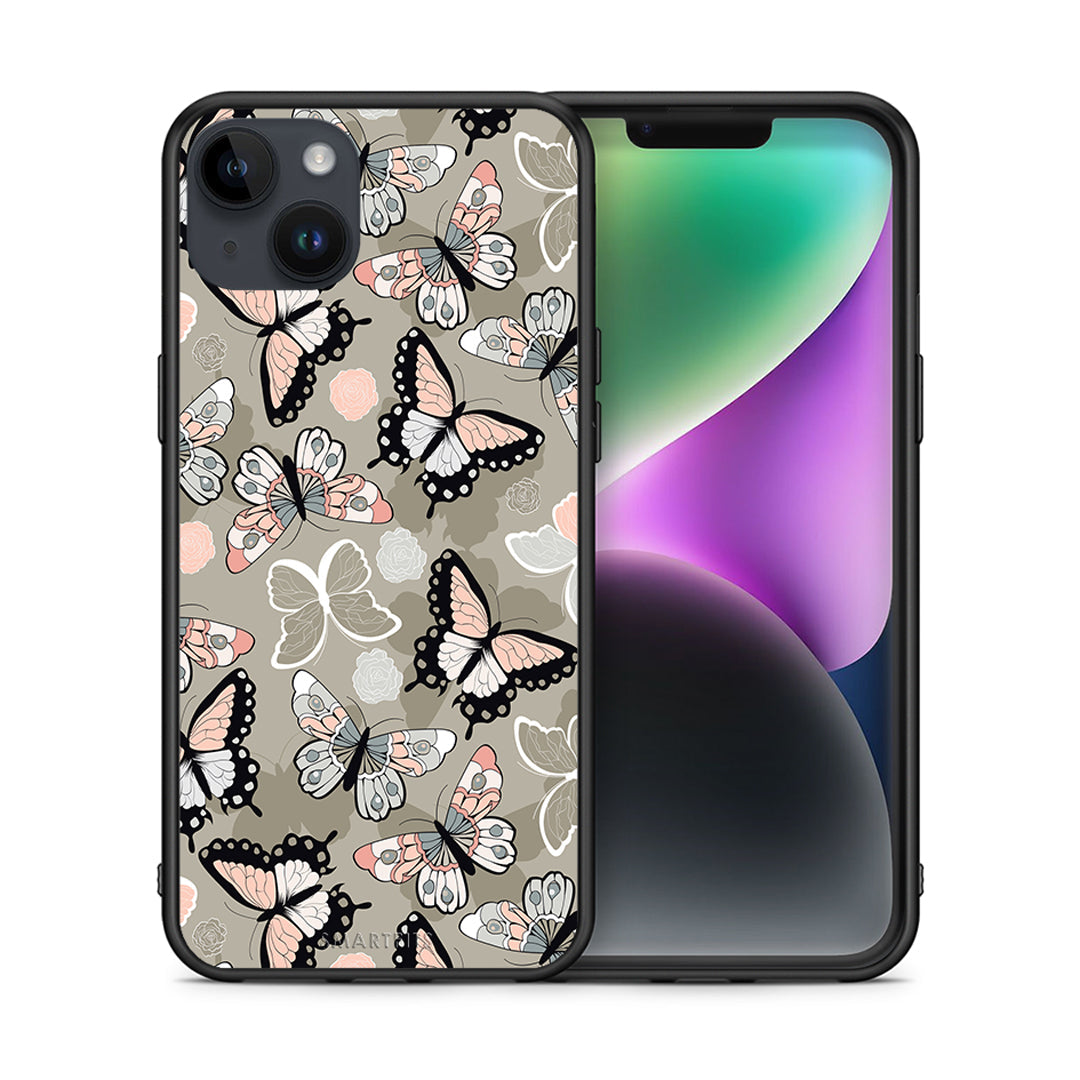 Θήκη iPhone 15 Plus Butterflies Boho από τη Smartfits με σχέδιο στο πίσω μέρος και μαύρο περίβλημα | iPhone 15 Plus Butterflies Boho case with colorful back and black bezels