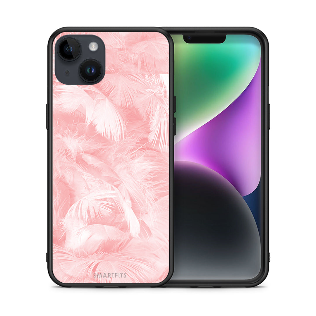 Θήκη iPhone 14 Plus Pink Feather Boho από τη Smartfits με σχέδιο στο πίσω μέρος και μαύρο περίβλημα | iPhone 14 Plus Pink Feather Boho case with colorful back and black bezels