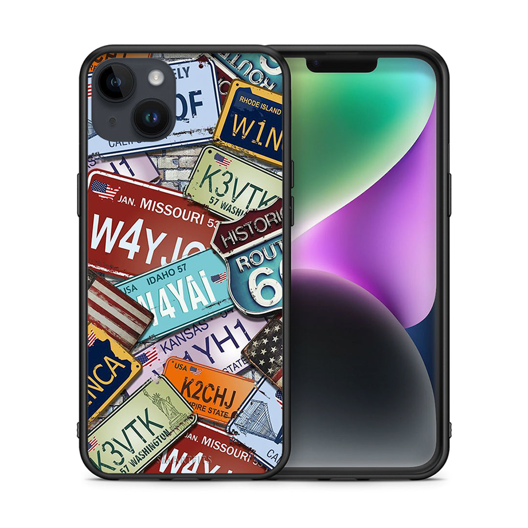 Θήκη iPhone 15 Plus Car Plates από τη Smartfits με σχέδιο στο πίσω μέρος και μαύρο περίβλημα | iPhone 15 Plus Car Plates case with colorful back and black bezels