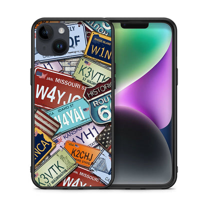 Θήκη iPhone 15 Plus Car Plates από τη Smartfits με σχέδιο στο πίσω μέρος και μαύρο περίβλημα | iPhone 15 Plus Car Plates case with colorful back and black bezels