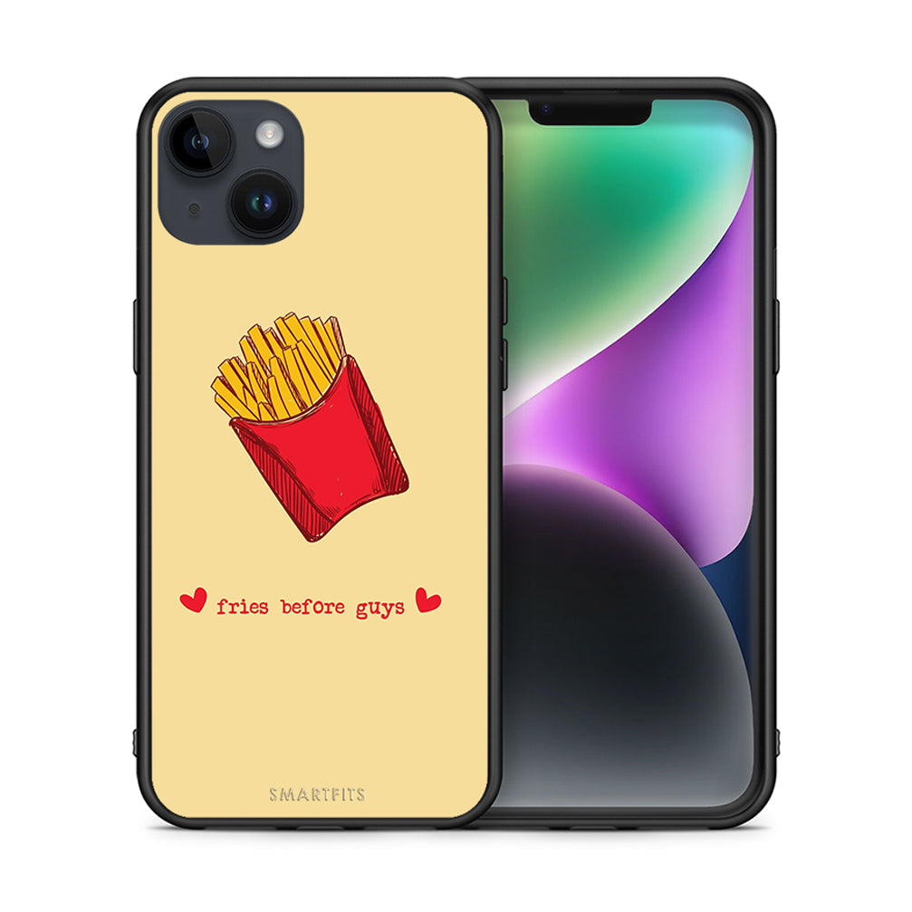 Θήκη Αγίου Βαλεντίνου iPhone 15 Plus Fries Before Guys από τη Smartfits με σχέδιο στο πίσω μέρος και μαύρο περίβλημα | iPhone 15 Plus Fries Before Guys case with colorful back and black bezels