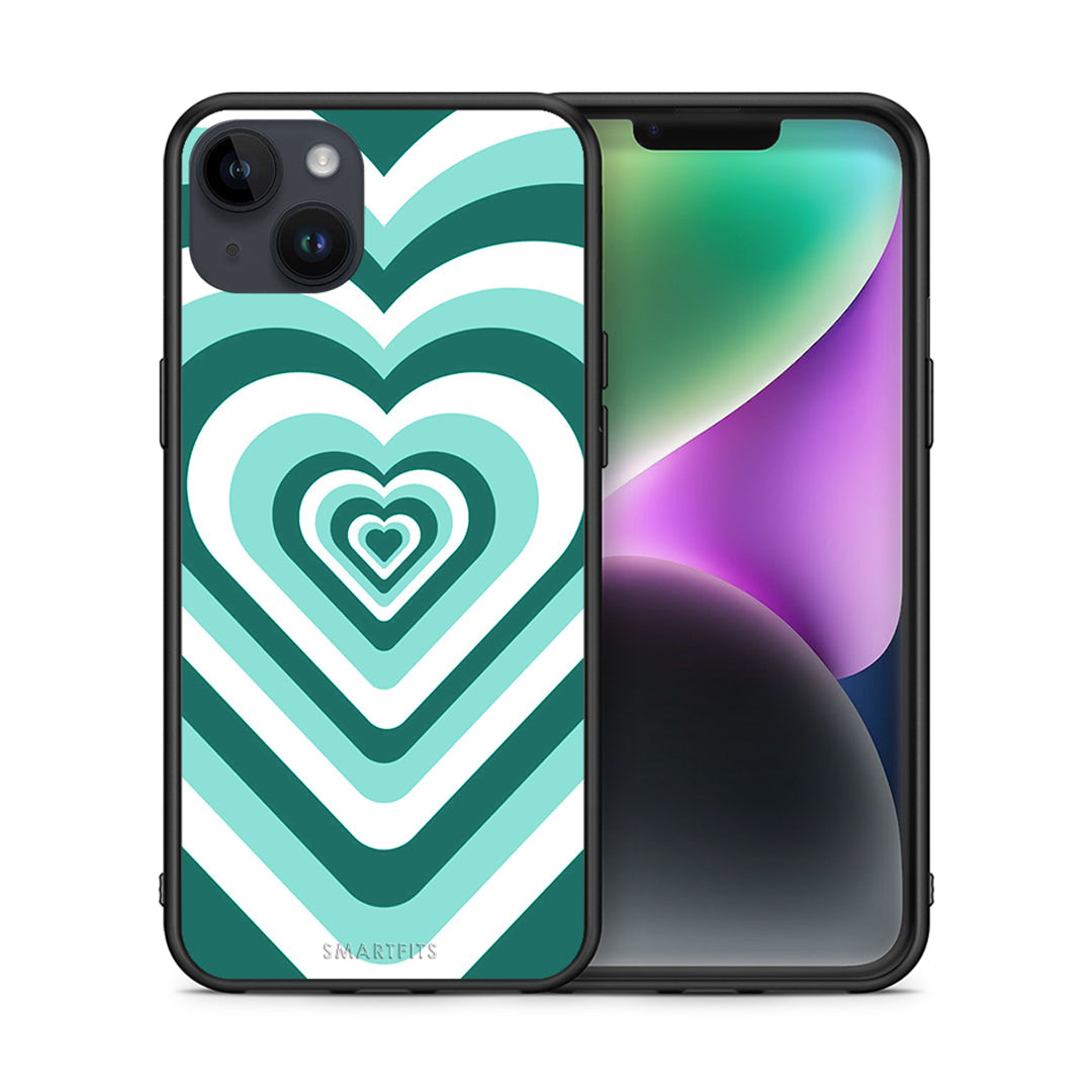 Θήκη iPhone 14 Plus Green Hearts από τη Smartfits με σχέδιο στο πίσω μέρος και μαύρο περίβλημα | iPhone 14 Plus Green Hearts case with colorful back and black bezels