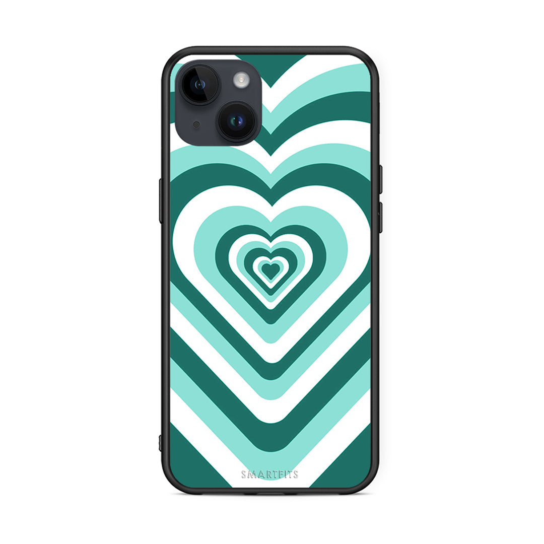 iPhone 14 Plus Green Hearts θήκη από τη Smartfits με σχέδιο στο πίσω μέρος και μαύρο περίβλημα | Smartphone case with colorful back and black bezels by Smartfits