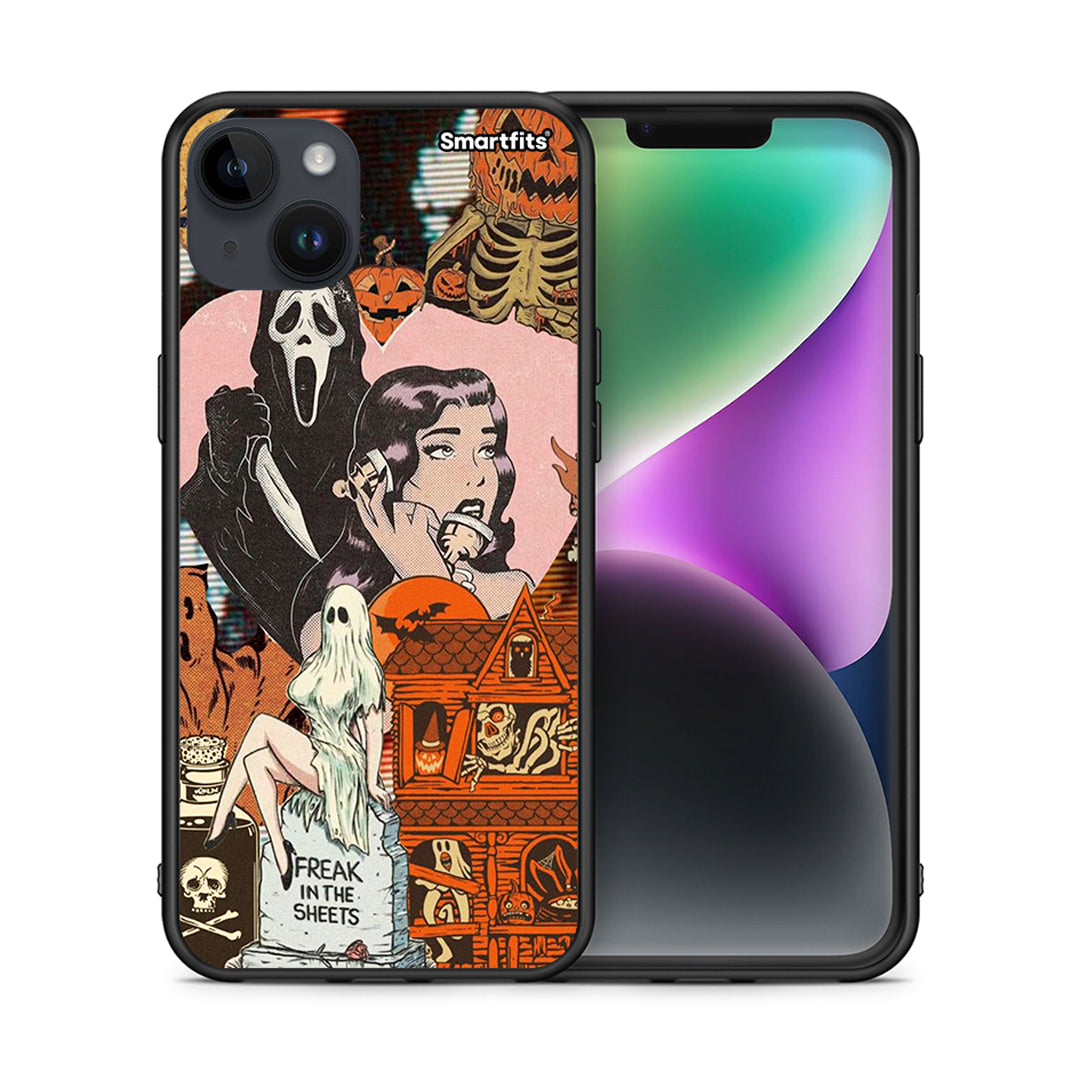 Θήκη iPhone 15 Plus Halloween Collage από τη Smartfits με σχέδιο στο πίσω μέρος και μαύρο περίβλημα | iPhone 15 Plus Halloween Collage case with colorful back and black bezels