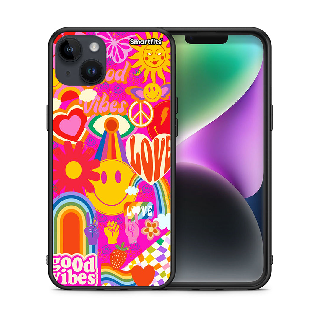 Θήκη iPhone 15 Plus Hippie Love από τη Smartfits με σχέδιο στο πίσω μέρος και μαύρο περίβλημα | iPhone 15 Plus Hippie Love case with colorful back and black bezels