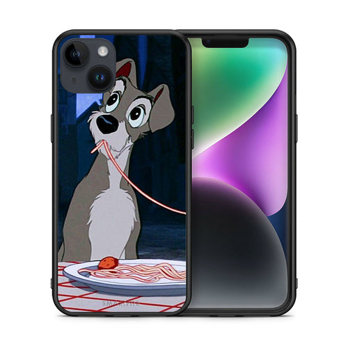 Θήκη Αγίου Βαλεντίνου iPhone 14 Plus Lady And Tramp 1 από τη Smartfits με σχέδιο στο πίσω μέρος και μαύρο περίβλημα | iPhone 14 Plus Lady And Tramp 1 case with colorful back and black bezels