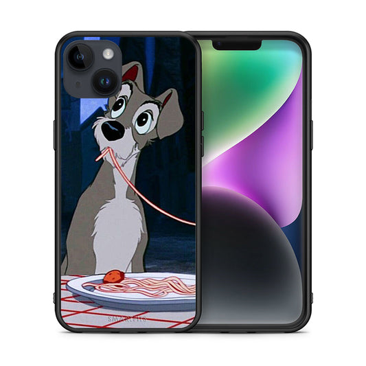 Θήκη Αγίου Βαλεντίνου iPhone 14 Plus Lady And Tramp 1 από τη Smartfits με σχέδιο στο πίσω μέρος και μαύρο περίβλημα | iPhone 14 Plus Lady And Tramp 1 case with colorful back and black bezels