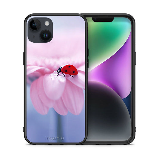 Θήκη iPhone 14 Plus Ladybug Flower από τη Smartfits με σχέδιο στο πίσω μέρος και μαύρο περίβλημα | iPhone 14 Plus Ladybug Flower case with colorful back and black bezels
