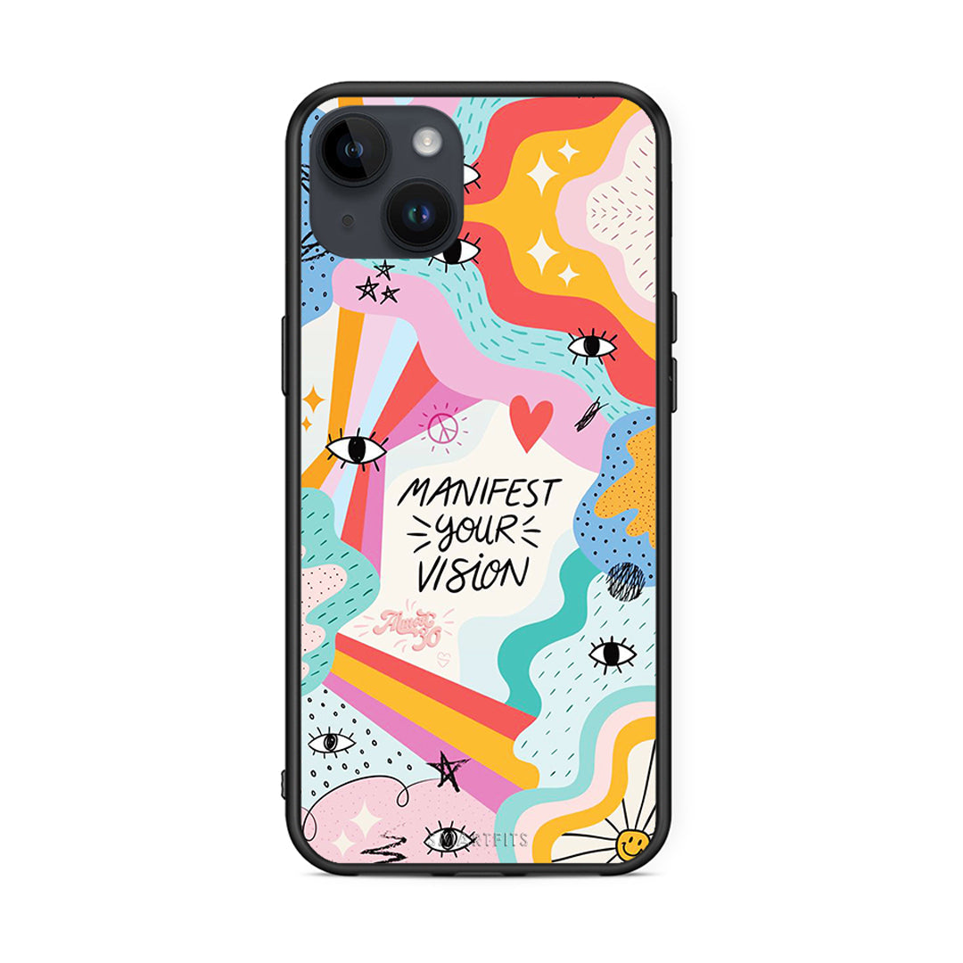 iPhone 15 Plus Manifest Your Vision θήκη από τη Smartfits με σχέδιο στο πίσω μέρος και μαύρο περίβλημα | Smartphone case with colorful back and black bezels by Smartfits