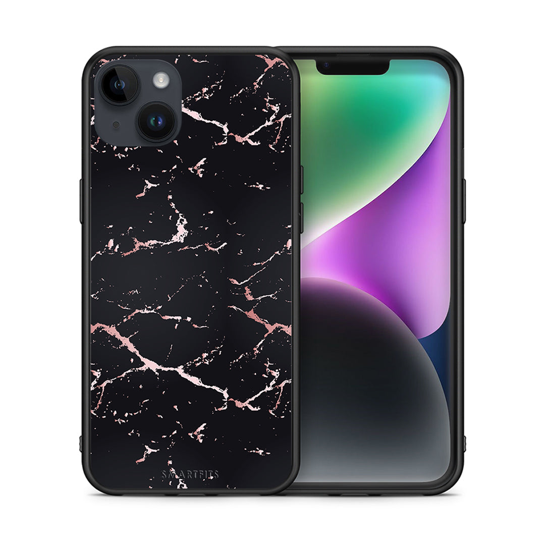 Θήκη iPhone 14 Plus Black Rosegold Marble από τη Smartfits με σχέδιο στο πίσω μέρος και μαύρο περίβλημα | iPhone 14 Plus Black Rosegold Marble case with colorful back and black bezels