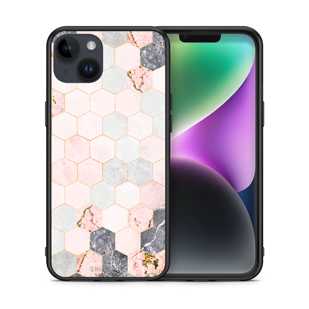 Θήκη iPhone 15 Plus Hexagon Pink Marble από τη Smartfits με σχέδιο στο πίσω μέρος και μαύρο περίβλημα | iPhone 15 Plus Hexagon Pink Marble case with colorful back and black bezels