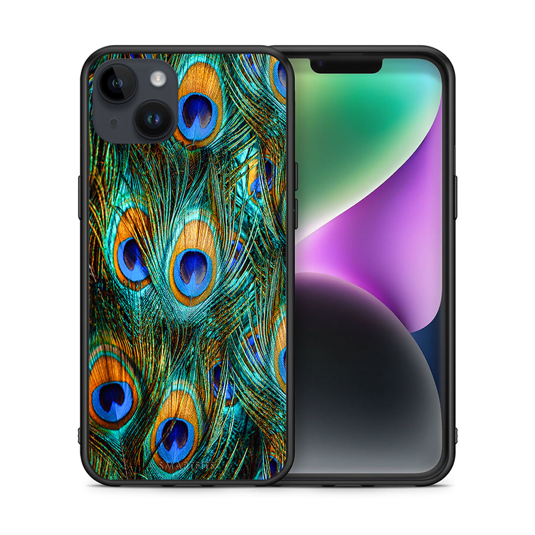 Θήκη iPhone 14 Plus Real Peacock Feathers από τη Smartfits με σχέδιο στο πίσω μέρος και μαύρο περίβλημα | iPhone 14 Plus Real Peacock Feathers case with colorful back and black bezels
