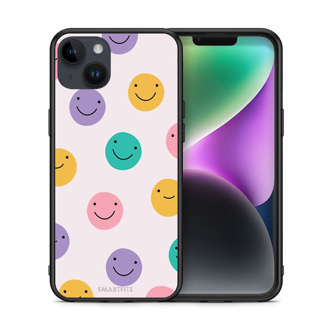 Θήκη iPhone 15 Plus Smiley Faces από τη Smartfits με σχέδιο στο πίσω μέρος και μαύρο περίβλημα | iPhone 15 Plus Smiley Faces case with colorful back and black bezels